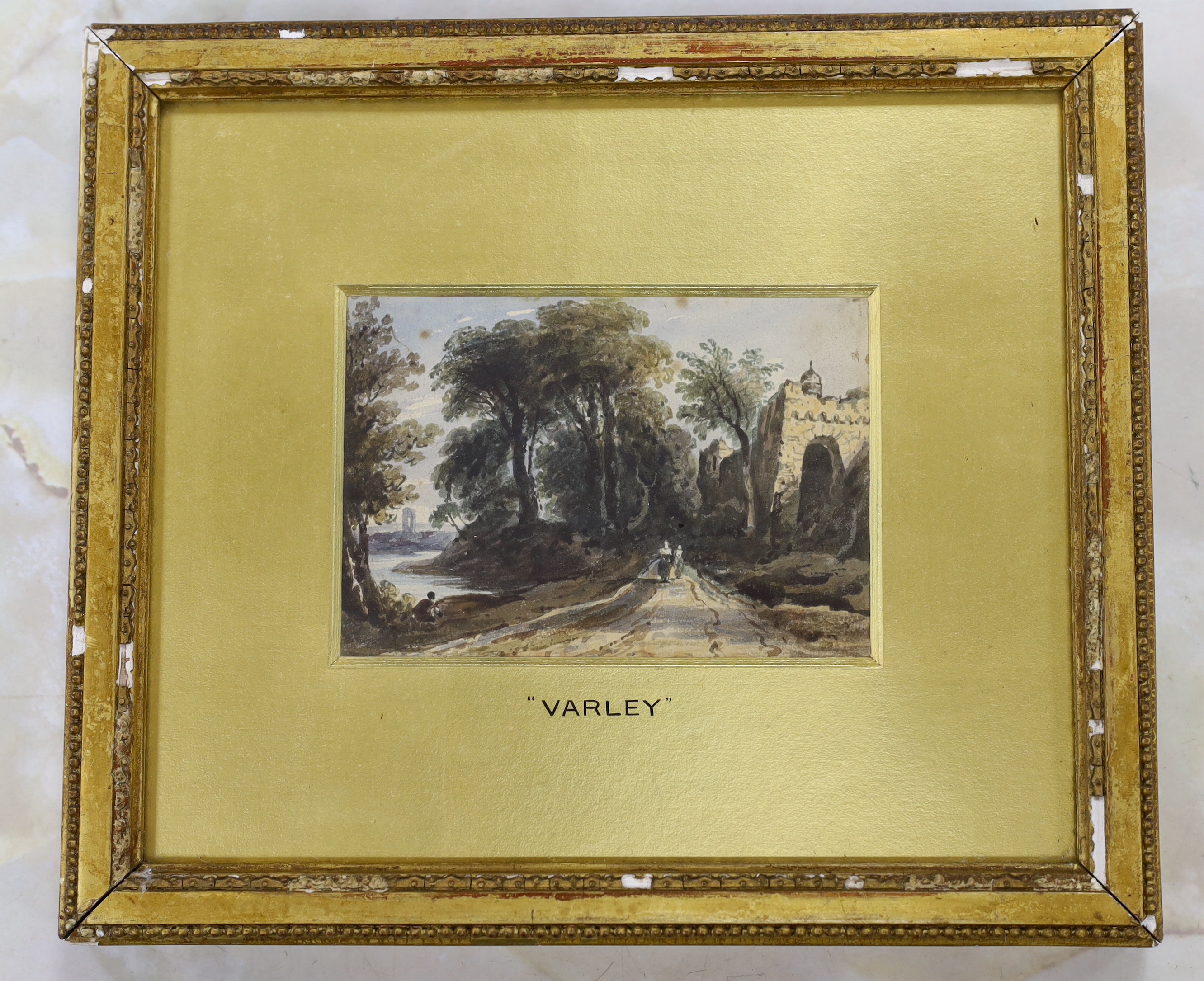 Attributed to John Varley (1778-1842), watercolour, Figures on a pathway beside ruins, inscribed in pencil verso, 13cm x 9cm